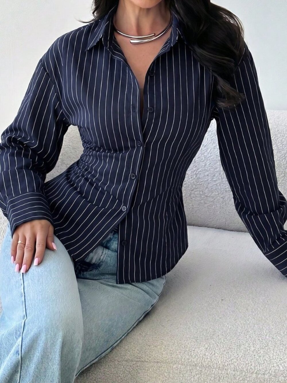Navy Blue Casual Women's Striped Drop Shoulder Regular Fit Shirt